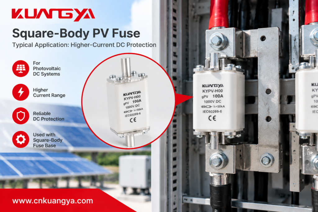 Square-body PV fuse used in higher-current solar DC protection