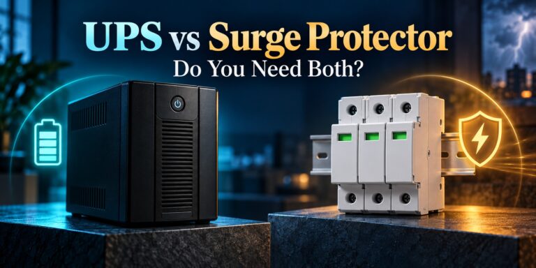 UPS vs surge protector illustration comparing battery backup with DIN rail surge protection devices