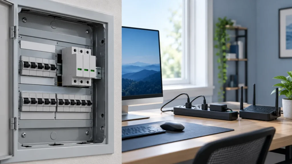 Whole-house surge protective device in an electrical panel compared with a plug-in surge protector at a home office